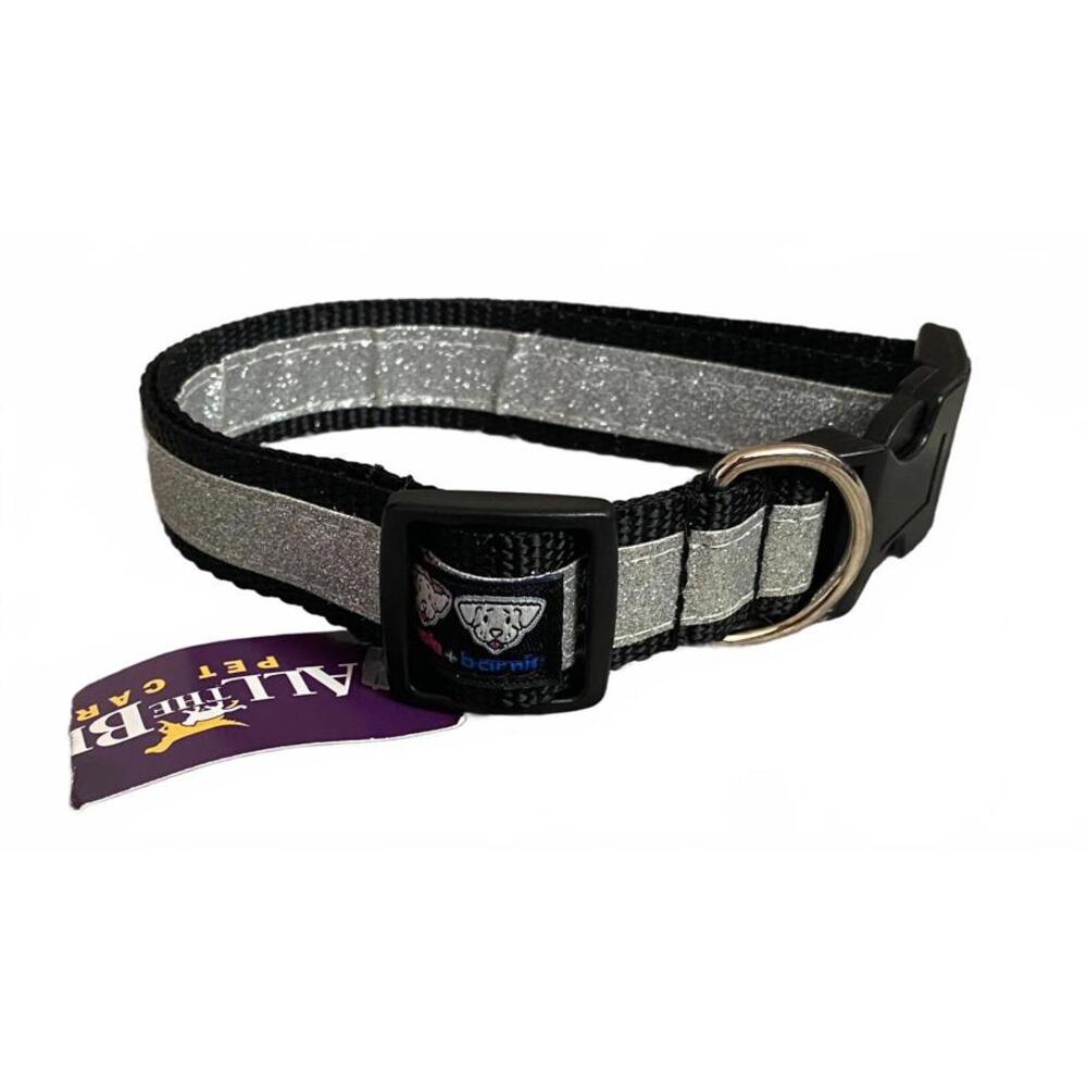 NWT Bessie + Barnie Silver Glitter Dog Collar Nylon 1" Wide Adjustable L 15-24"